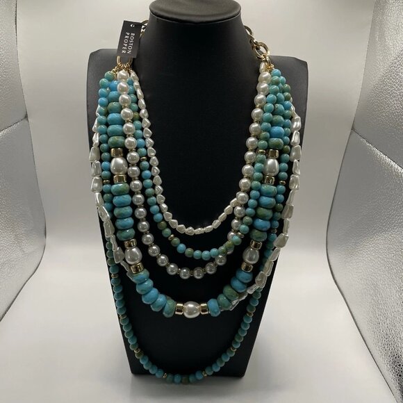 Turquoise and Gold Bead Layered Necklace Tuquoise / Gold Boston Proper NWT - Picture 1 of 3
